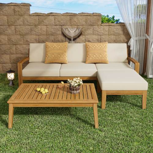 GRENADA 3-Piece L-Shaped Acacia Sectional, Teak/Beige, 77.5 x 29.25 x 26.25