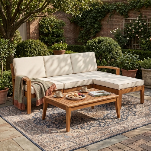 77.5-Inch 3-Piece Teak Beige Acacia Wood L-Shaped Patio Sofa Set