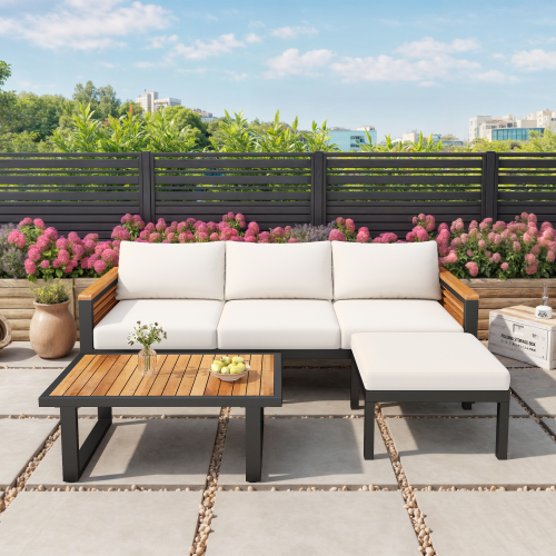74-Inch Black 3-Piece Acacia Wood and Metal Patio Sofa Set