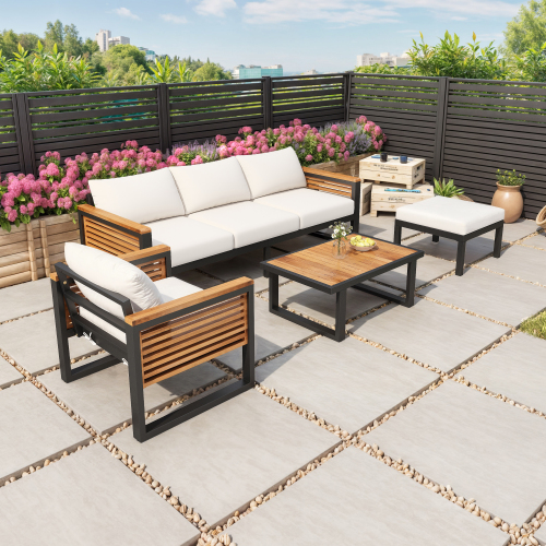 Black 4-Piece Acacia Wood and Metal Outdoor Patio Sofa Set, 74-Inch