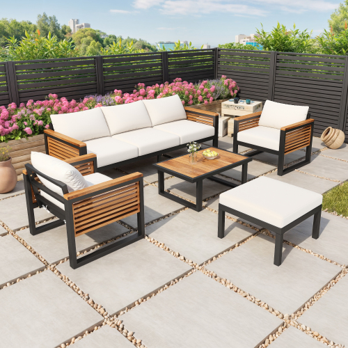 Black 5-Piece 74-Inch Acacia Wood and Iron Outdoor Patio Sofa Set