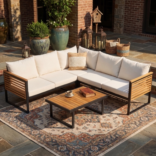 4-Piece Black Acacia Wood and Metal Outdoor Corner Sofa Set