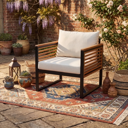 74-Inch Black Acacia Wood and Steel Patio Chair with Cushions