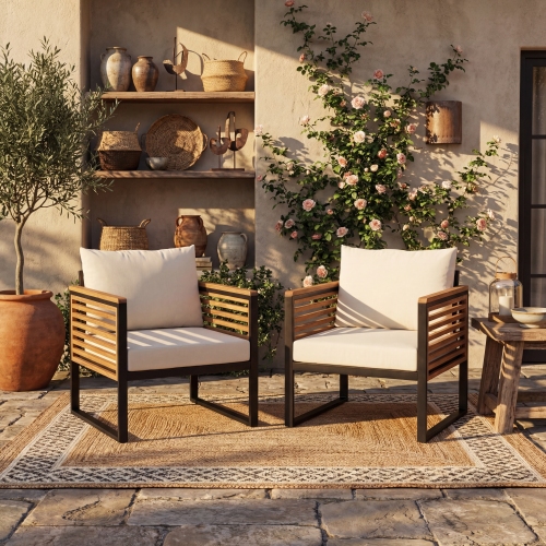 74-Inch Black Acacia Wood & Steel Patio Chairs with Cushions, Set of 2
