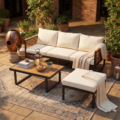 74-Inch 3-Piece Acacia Wood and Steel Patio Sofa Set, Black