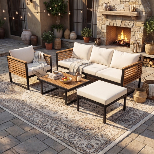 4-Piece 74-Inch Black Acacia Wood and Steel Outdoor Patio Sofa Set