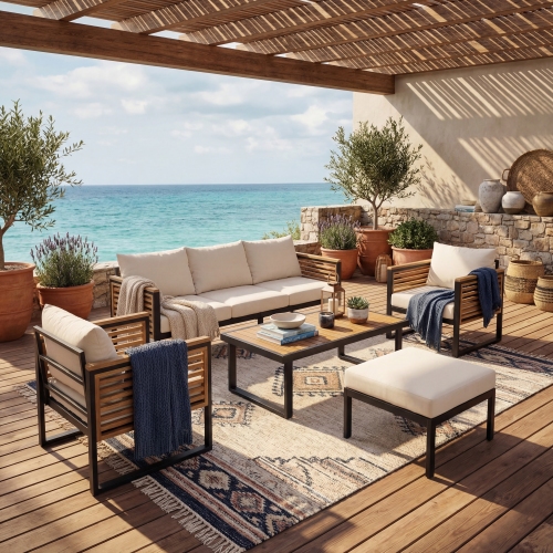5-Piece Black Acacia Wood and Steel Outdoor Patio Sofa Set