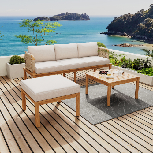 75.5-Inch 3-Piece Teak Beige Acacia Wood & Rope Patio Sofa Set