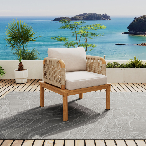 75.5-Inch Acacia Wood and Rope Outdoor Club Chair, Teak Beige