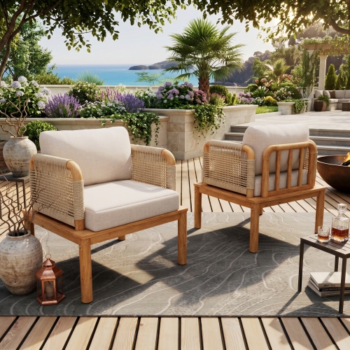 Teak Beige Acacia Wood & Rope Outdoor Club Chair Set of 2 with Cushions