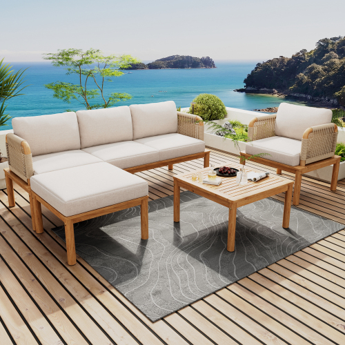4-Piece Teak Beige Acacia Wood and Rope Outdoor Patio Sofa Set