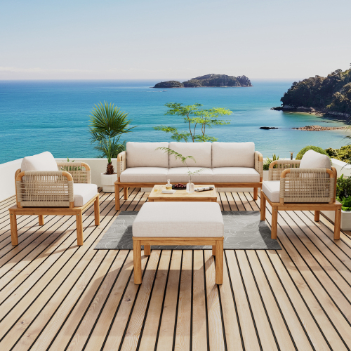 5-Piece Teak Beige Acacia Wood and Rope Outdoor Patio Sofa Set