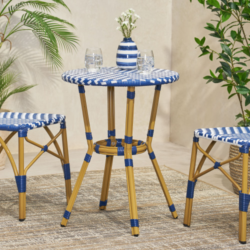 White and Blue Rattan French Bistro Outdoor Table, 21.75-Inch