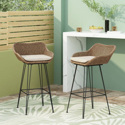 29.25-Inch Light Brown PE Rattan and Iron Outdoor Barstools, Set of 2