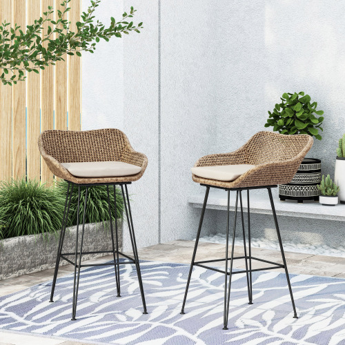 29.25-Inch Light Brown PE Rattan and Iron Barstools, Set of 2