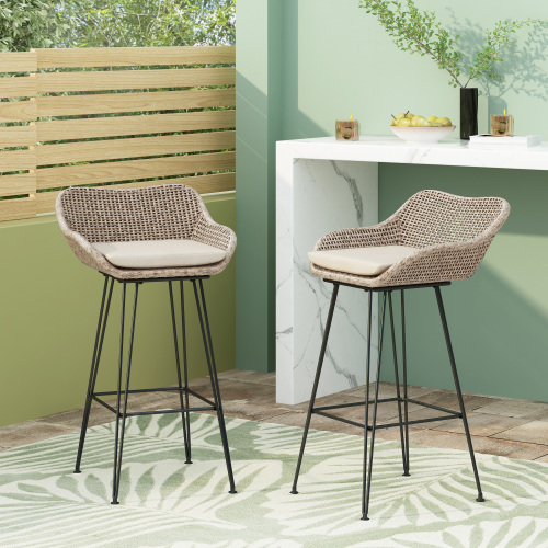 29.25-Inch Mixed Light Brown PE Rattan Iron Barstools, Set of 2
