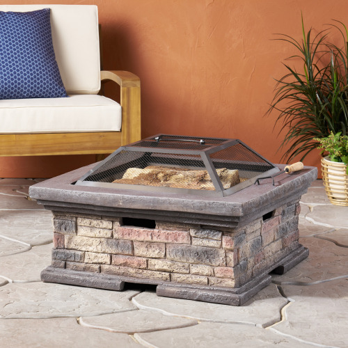 29-Inch Square Magnesium Oxide Wood-Burning Fire Pit, Stone Gray