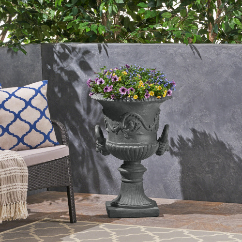 Antique Gray Magnesium Oxide Garden Urn Planter, 28.25-Inch