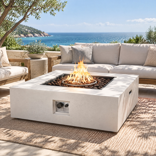 50,000 BTU 40-Inch Square White Magnesium Oxide Outdoor Fire Table