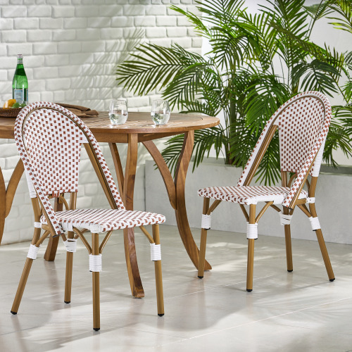 Set of 2 Rust Red & White Rattan Aluminum French Bistro Chairs, 35 in.