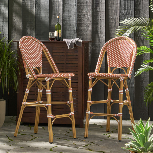 Set of 2 29.5-Inch PE Rattan Barstools, Rust Red and White