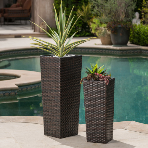 Tall Brown PE Rattan and Iron Flower Pot, 12 x 12 x 31.5 Inches