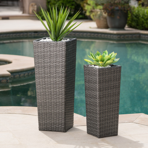 Grey PE Rattan and Iron Flower Pot, 12 x 12 x 31.5 Inches