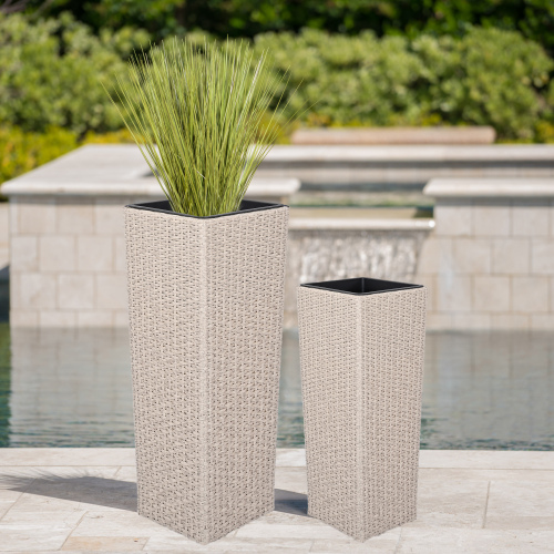 2-Piece Beige PE Wicker and Iron Outdoor Flower Pot Set, 31.5-Inch