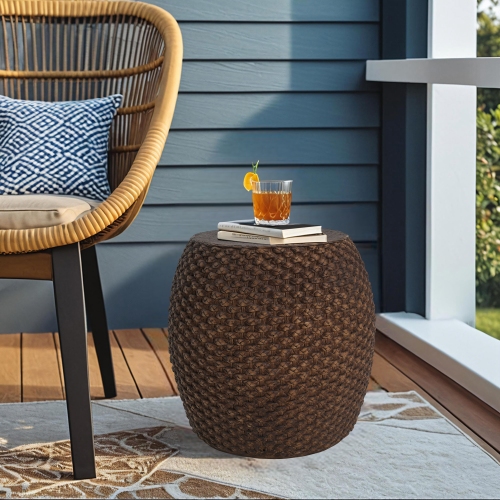 Brown Faux Rattan Indoor/Outdoor Side Table, 16.5-Inch Magnesium Oxide