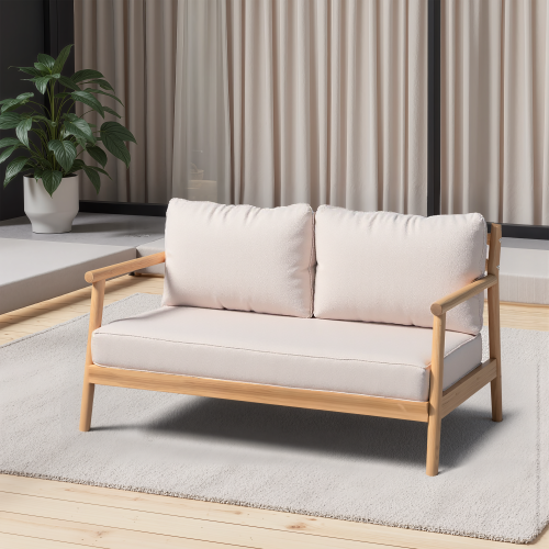 Patio Acacia Wood Loveset Sofa with Water-resistant Cushion, Teak + Beige - Teak+ Beige