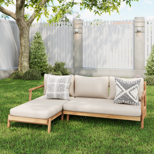 Teak and Beige 50.5-Inch Acacia Wood Patio Sofa Chaise Sectional