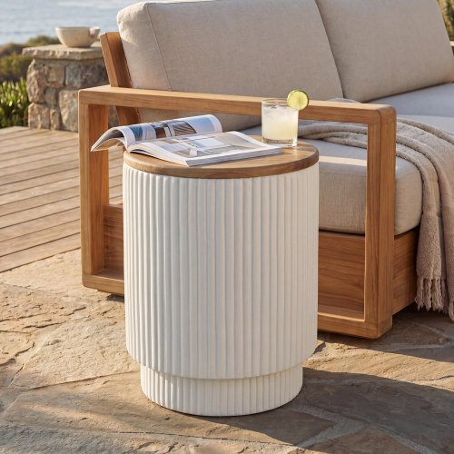 White Magnesium Oxide Outdoor Side Table with Storage, 15-Inch