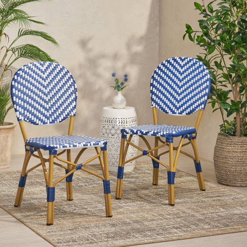 16.25-Inch Navy Blue & White Aluminum Wicker Bistro Chairs, Set of 2