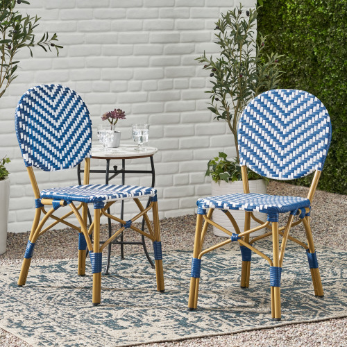 Set of 2 Navy Blue PE Rattan Bistro Chairs, White Aluminum, 35-Inch