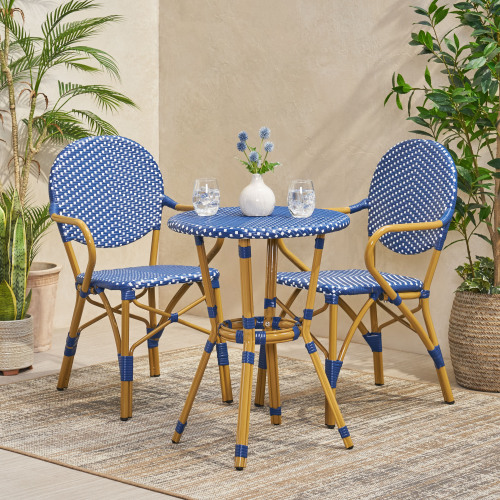 3-Piece Teal & White PE Rattan Aluminum Bistro Set, Bamboo Finish