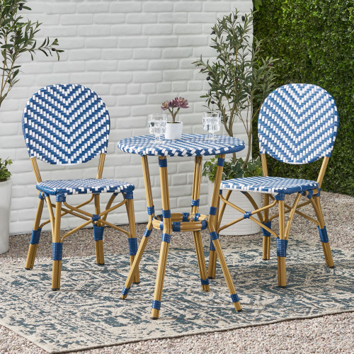 3-Piece Navy Blue and White Aluminum Rattan French Bistro Set