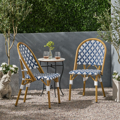 Set of 2 White & Navy Aluminum Rattan Bistro Chairs, 35-Inch