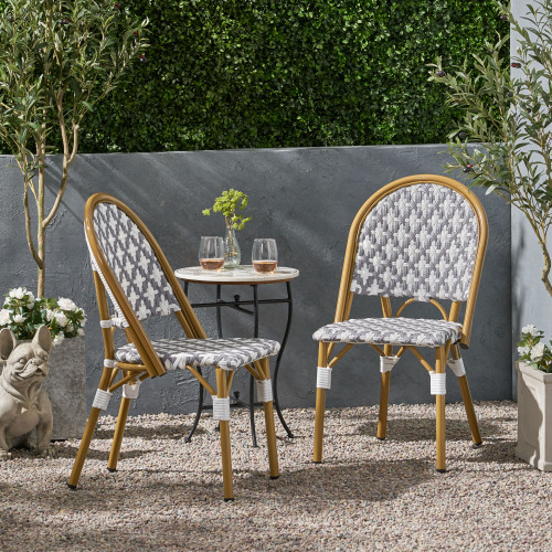 Set of 2 Gray & White Rattan Aluminum French Bistro Chairs, 18.5-Inch