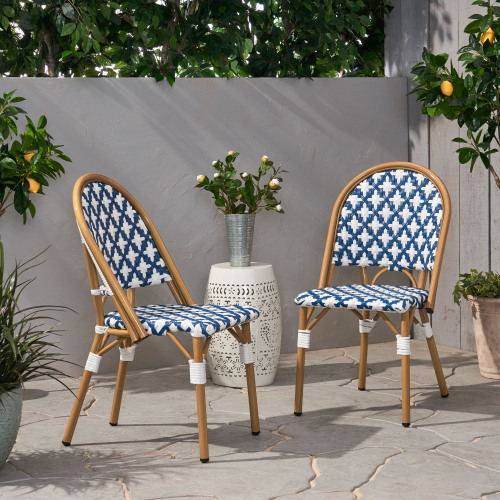 Set of 2 White & Navy Aluminium Rattan French Bistro Patio Chairs