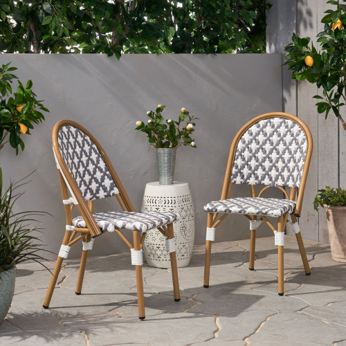 Set of 2 Gray and White PE Rattan Aluminum French Bistro Chairs