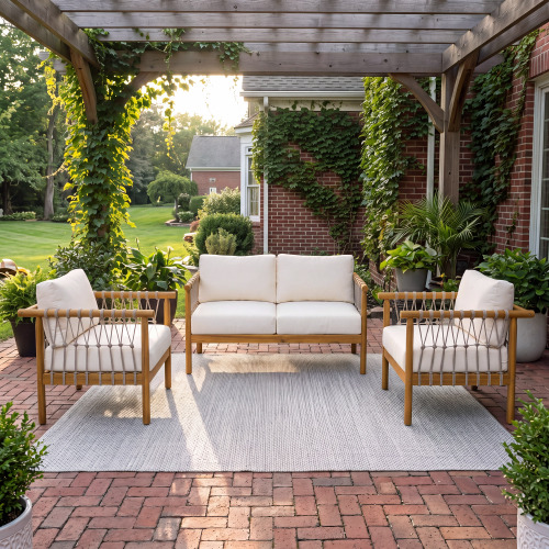 3-Piece Acacia Wood Patio Seating Set with Beige Rope and Cream Cushions