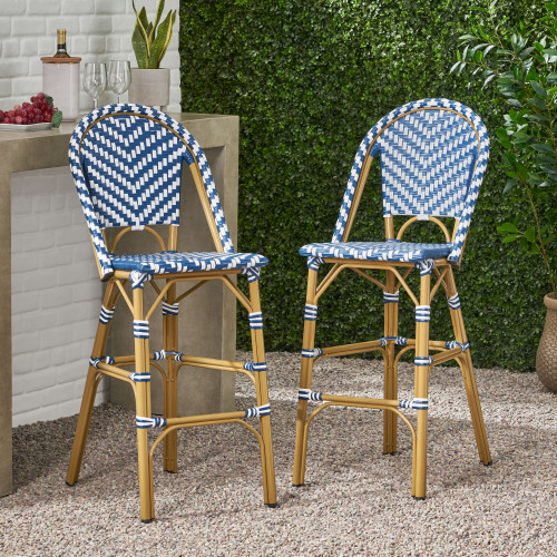 Set of 2 29.5-Inch PE Rattan Barstools, Navy Blue & White