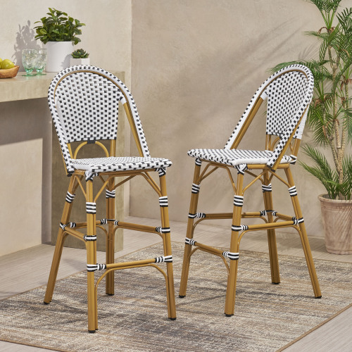 Set of 2 29.5-Inch PE Rattan Barstools, White/Black, Aluminum