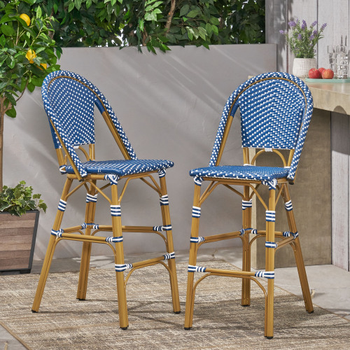 Set of 2 29.5-Inch Teal & White PE Rattan Barstools, Aluminum Frame