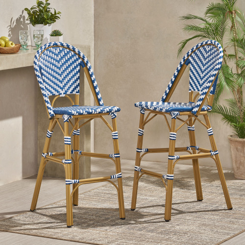 Set of 2 29.5-Inch Navy and White PE Rattan Barstools, Aluminum