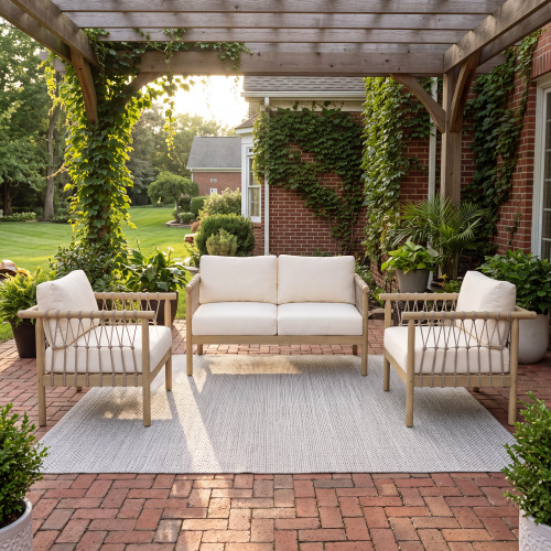 3-Piece Light Teak Acacia Patio Set with Beige Rope & Cream Cushions