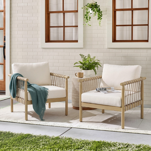Set of 2 Oversized Light Teak Acacia Rope Patio Chairs with Cream Cushions