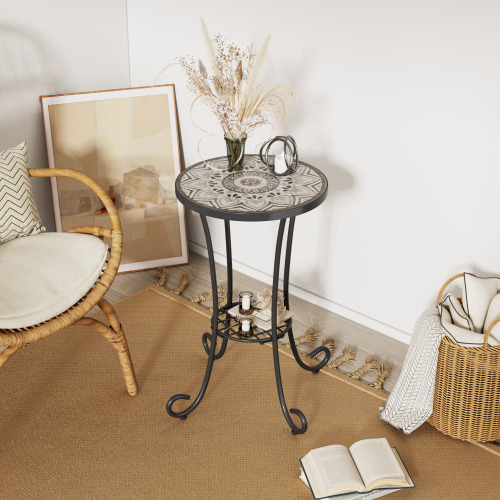 Brown and Black 14-Inch Ceramic Tile and Iron Patio Side Table with Shelf