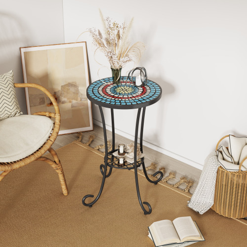 Blue and Black Ceramic Tile & Iron Patio Side Table with Shelf, 14-Inch