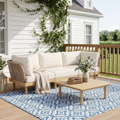 4-Piece Light Teak Acacia Wood Outdoor Sofa Set with Rope Back